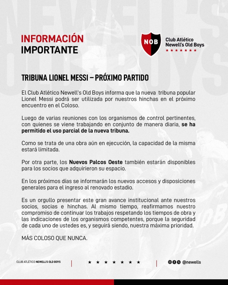 国际足联俱乐部世界杯-纽维尔老男孩官方：梅西看台将在下场比赛中向球迷开放